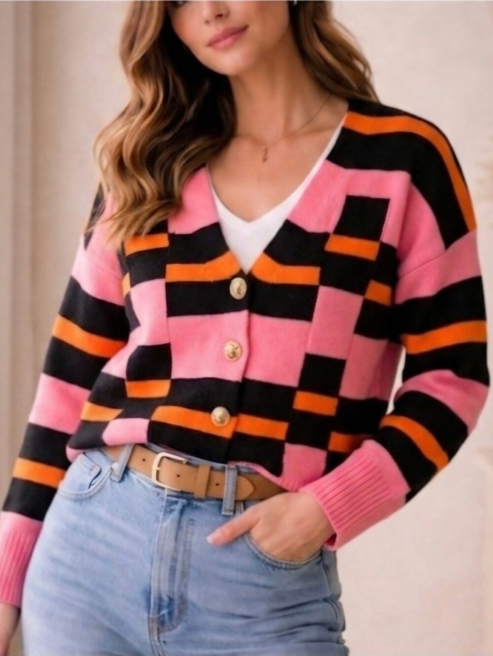 AKIRA NWT Pink Black Orange Striped Cardigan Sweater Gold Button Size M